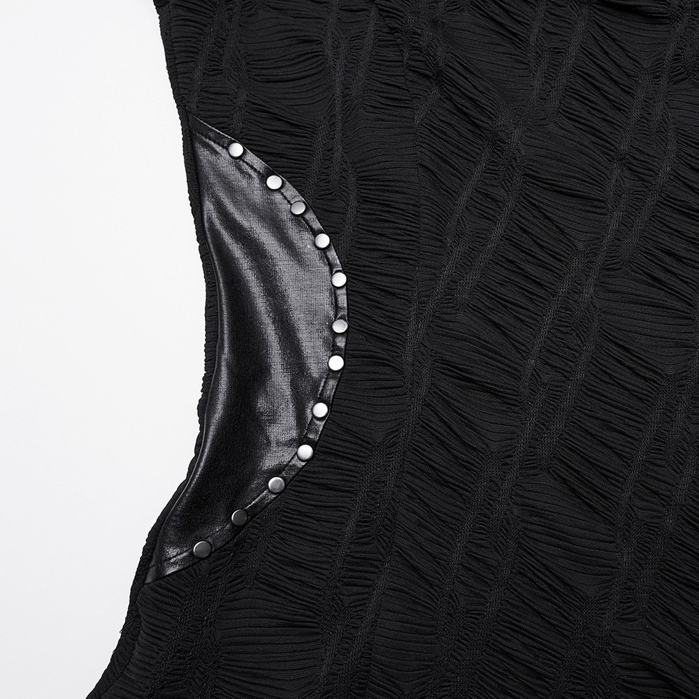 Punk Off-the-Shoulder Bodycon Dress with Metal Eyelets showcasing studded black leather pocket detail.