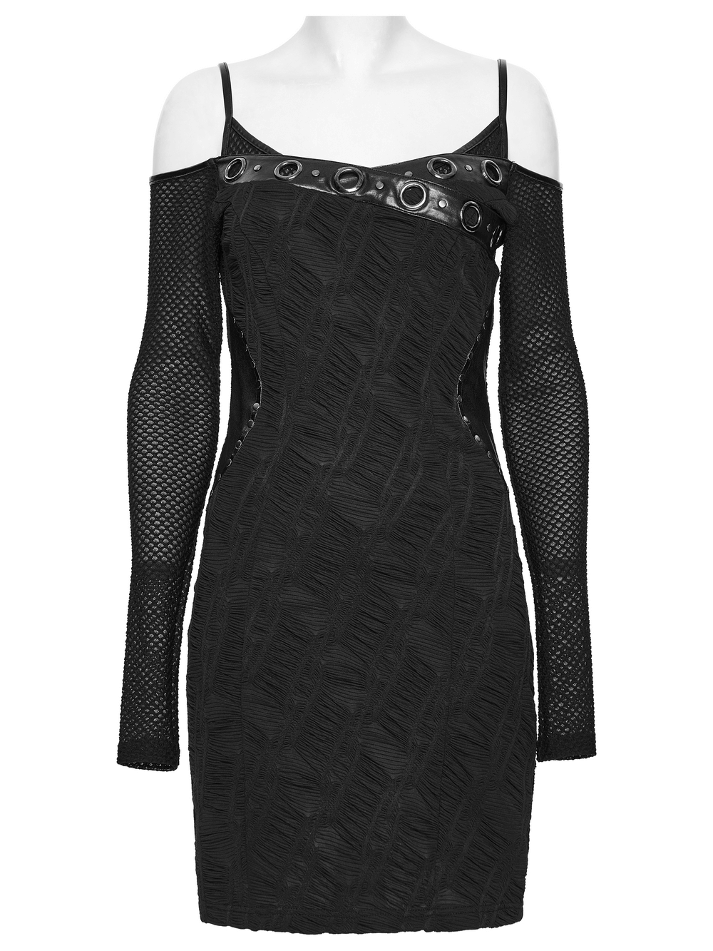 Punk Off-the-Shoulder Bodycon Dress with Metal Eyelets featuring mesh and knit fabric, bold eyelets and studded detail.