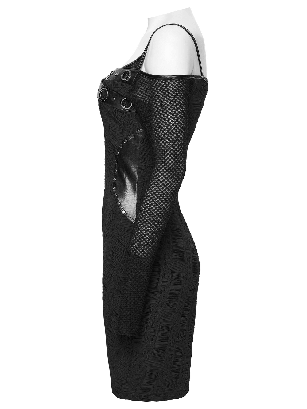 Punk Off-the-Shoulder Bodycon Dress with Metal Eyelets side view showcasing mesh and studded details.