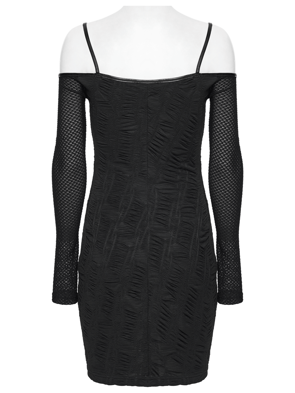 Punk Off-the-Shoulder Bodycon Dress with Metal Eyelets back view showcasing mesh and knit design.
