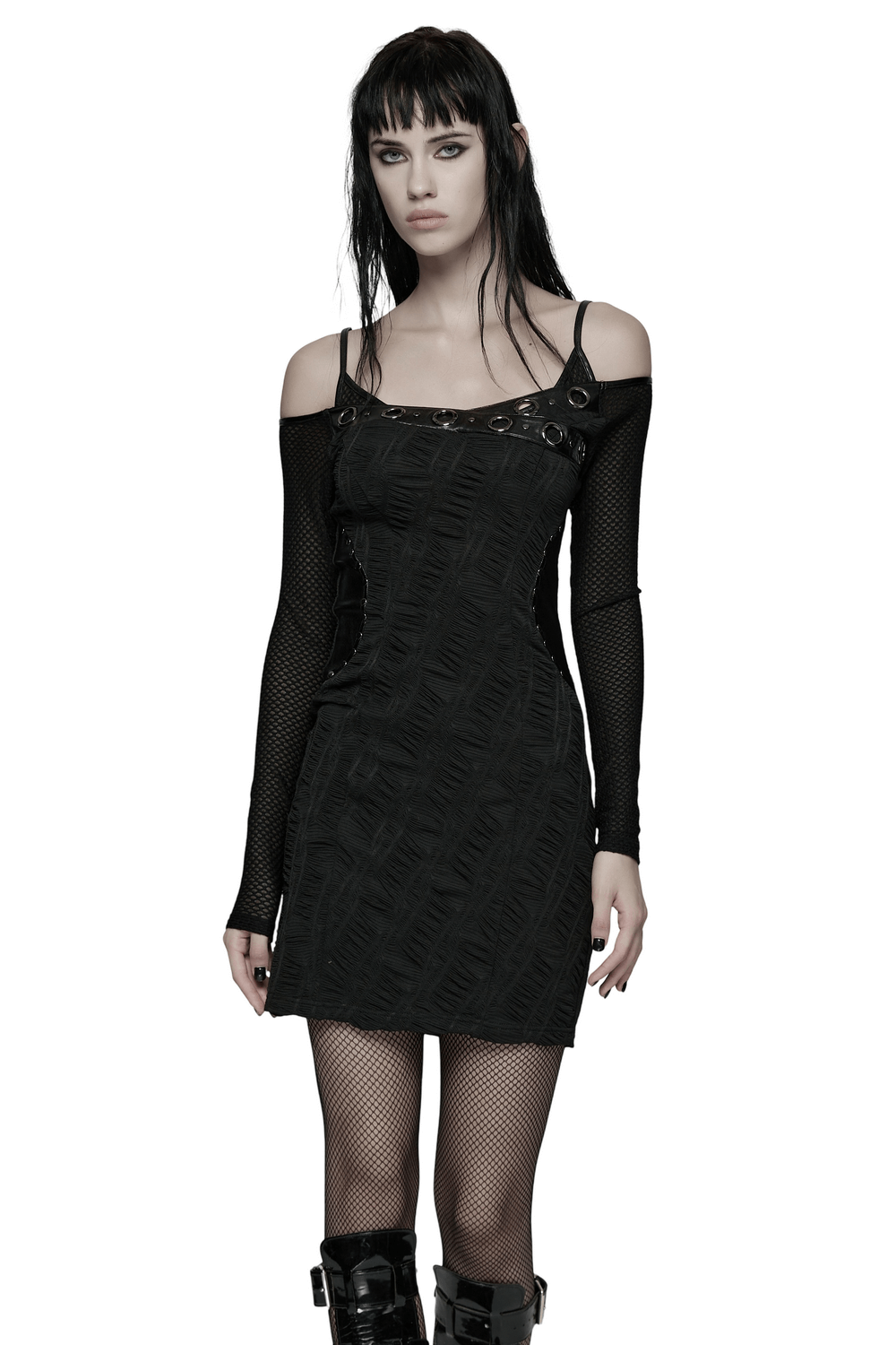 Punk Off-the-Shoulder Bodycon Dress with Metal Eyelets worn by model, showcasing edgy style and slim fit.