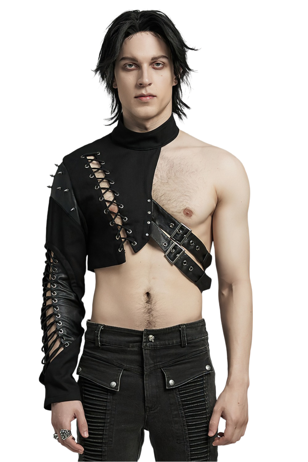 Punk One-Arm Harness featuring asymmetric draped design and edgy lace-up details, perfect for a bold rockstar look.