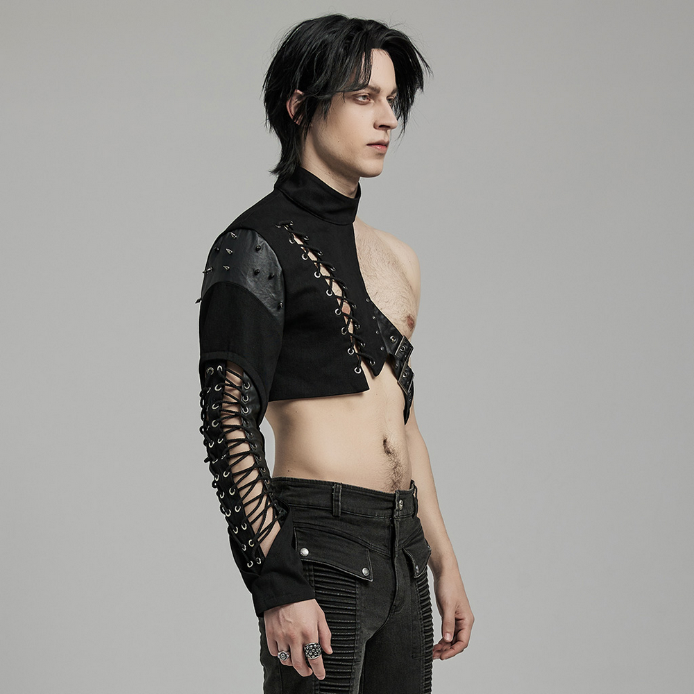 Edgy Punk One-Arm Harness featuring asymmetric draped design and lace-up details for a bold rockstar look.