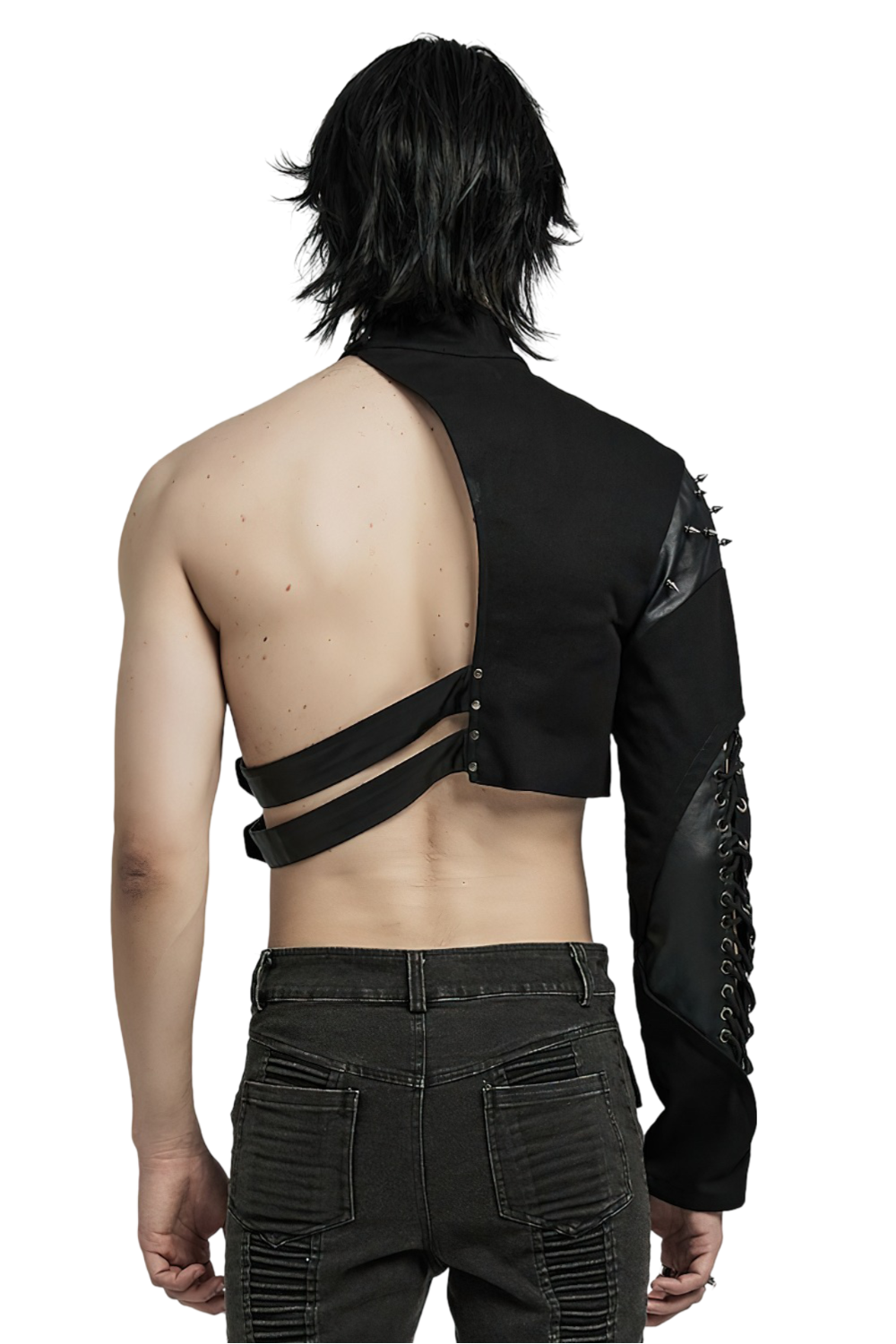 Asymmetric Punk One-Arm Harness showcasing edgy back design with straps and snap buttons, perfect for a bold rockstar look.
