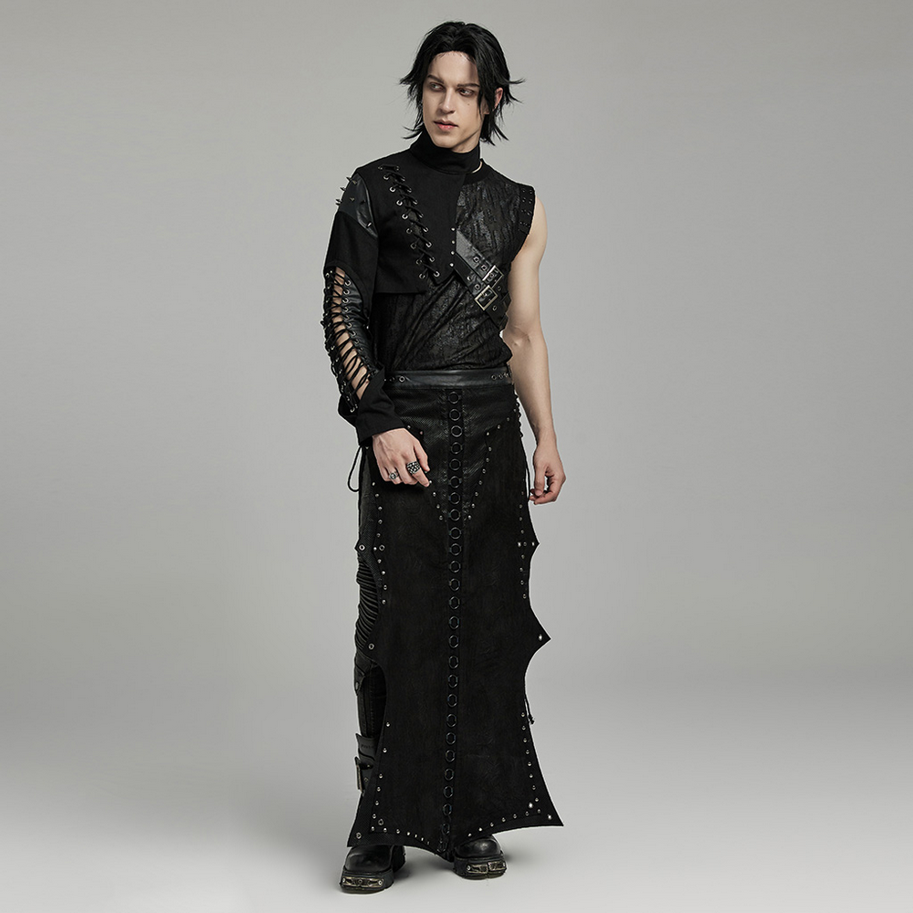 Punk one-arm harness featuring asymmetric draped design and edgy cut-out sleeve, perfect for a bold rockstar look.