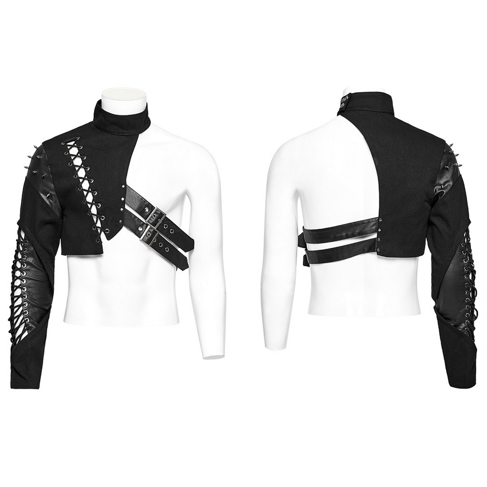 Punk One-Arm Harness featuring asymmetric draped design, spiked details, and adjustable straps for an edgy look.