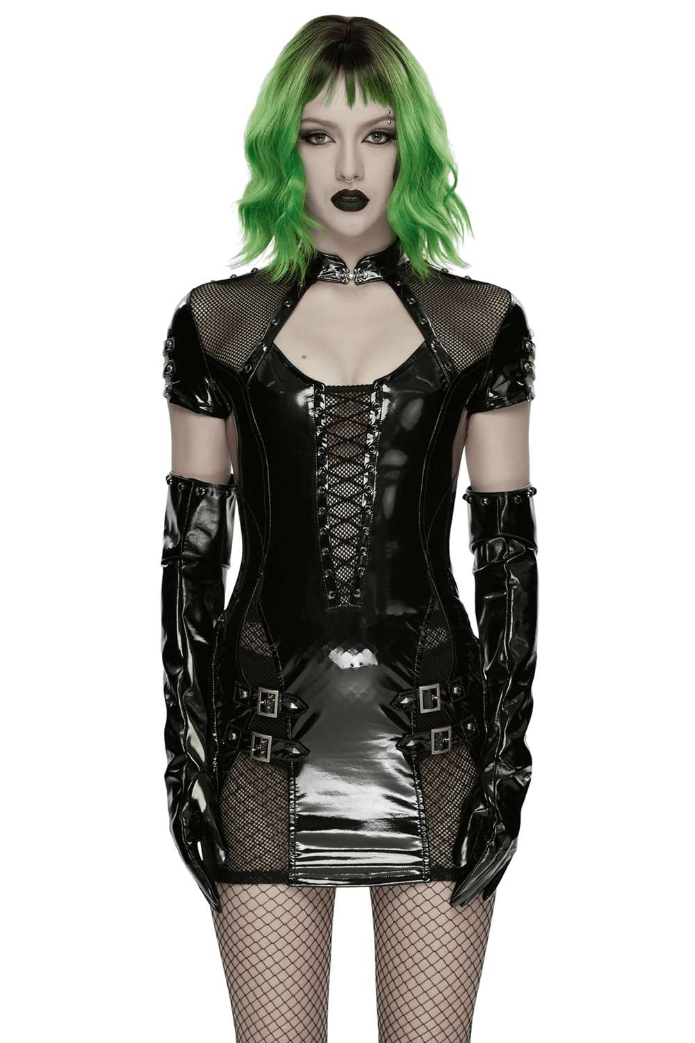 Punk Patent Leather Dress with Mesh Panels and Buckles worn by a model with green hair, showcasing edgy fashion.