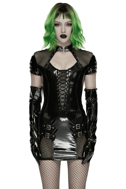 Robe en Cuir Verni Style Punk avec Panneaux en Résille et Boucles