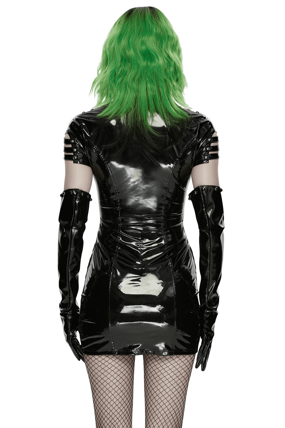Punk Patent Leather Dress with Mesh Panels and Buckles shown from the back, featuring glossy black material and stylish gloves.