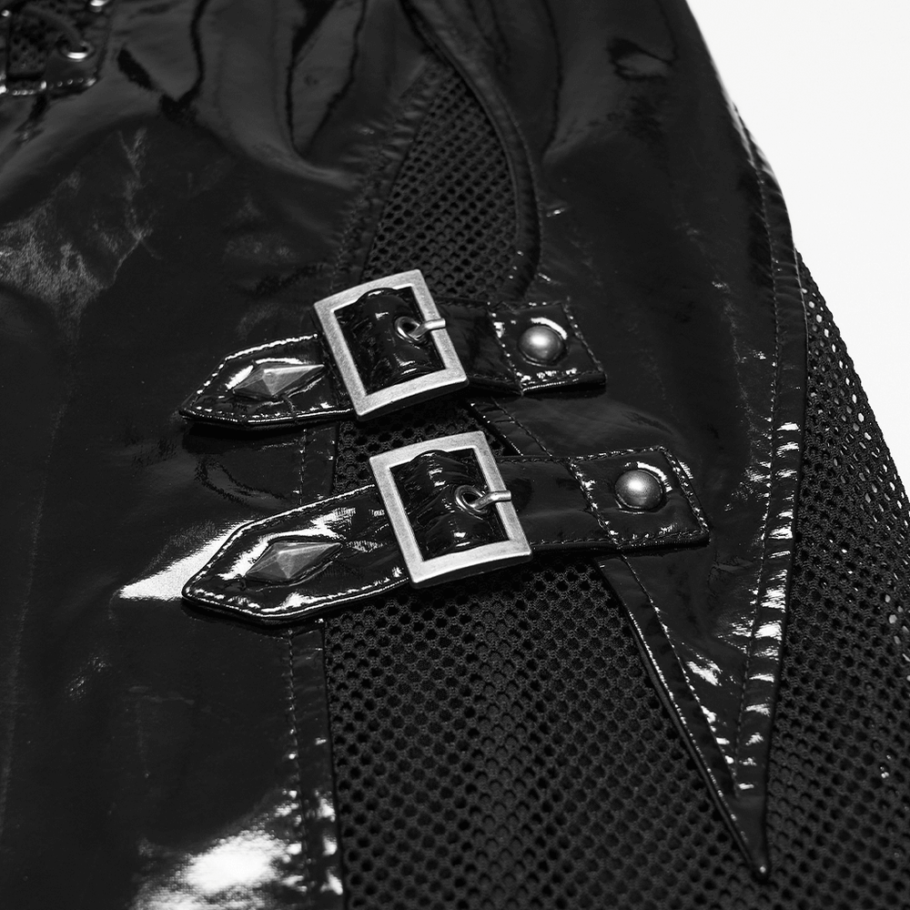 Close-up of buckles on the Punk Patent Leather Dress with Mesh Panels and Buckles showing sleek design.