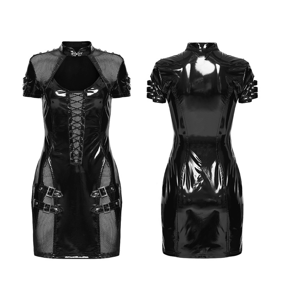 Punk Patent Leather Dress with Mesh Panels and Buckles showcasing front and back view in shiny black finish.