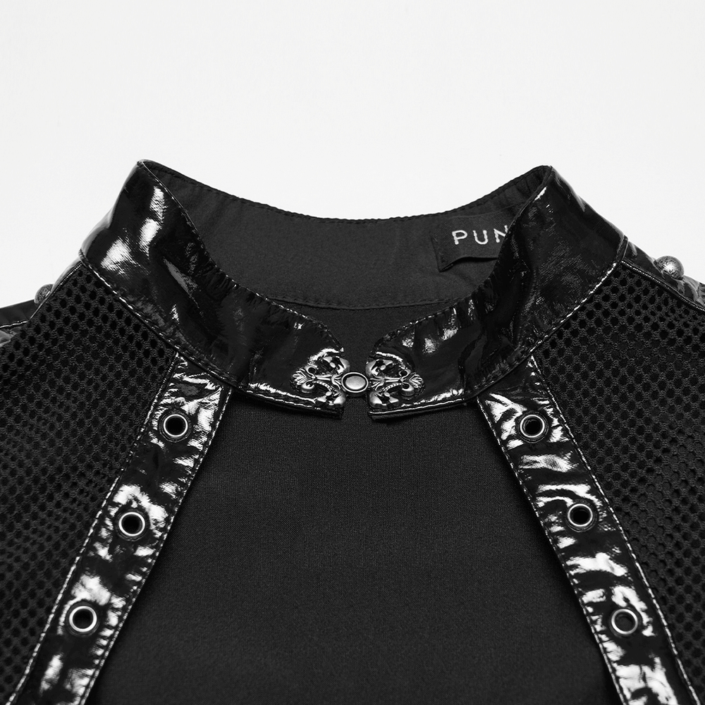 Punk Patent Leather Dress with Mesh Panels and Buckles close-up view showcasing the unique collar design.