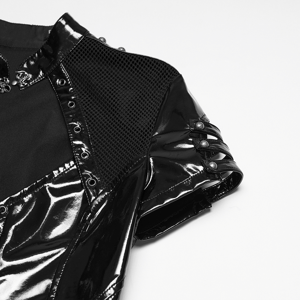 Close-up of Punk Patent Leather Dress with Mesh Panels and Buckles showcasing detailed design elements.