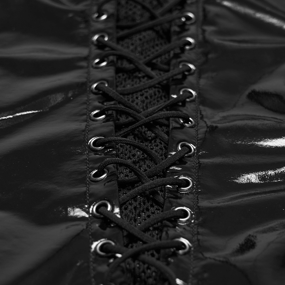 Punk Patent Leather Dress with Mesh Panels and Buckles featuring stylish lace-up detailing.