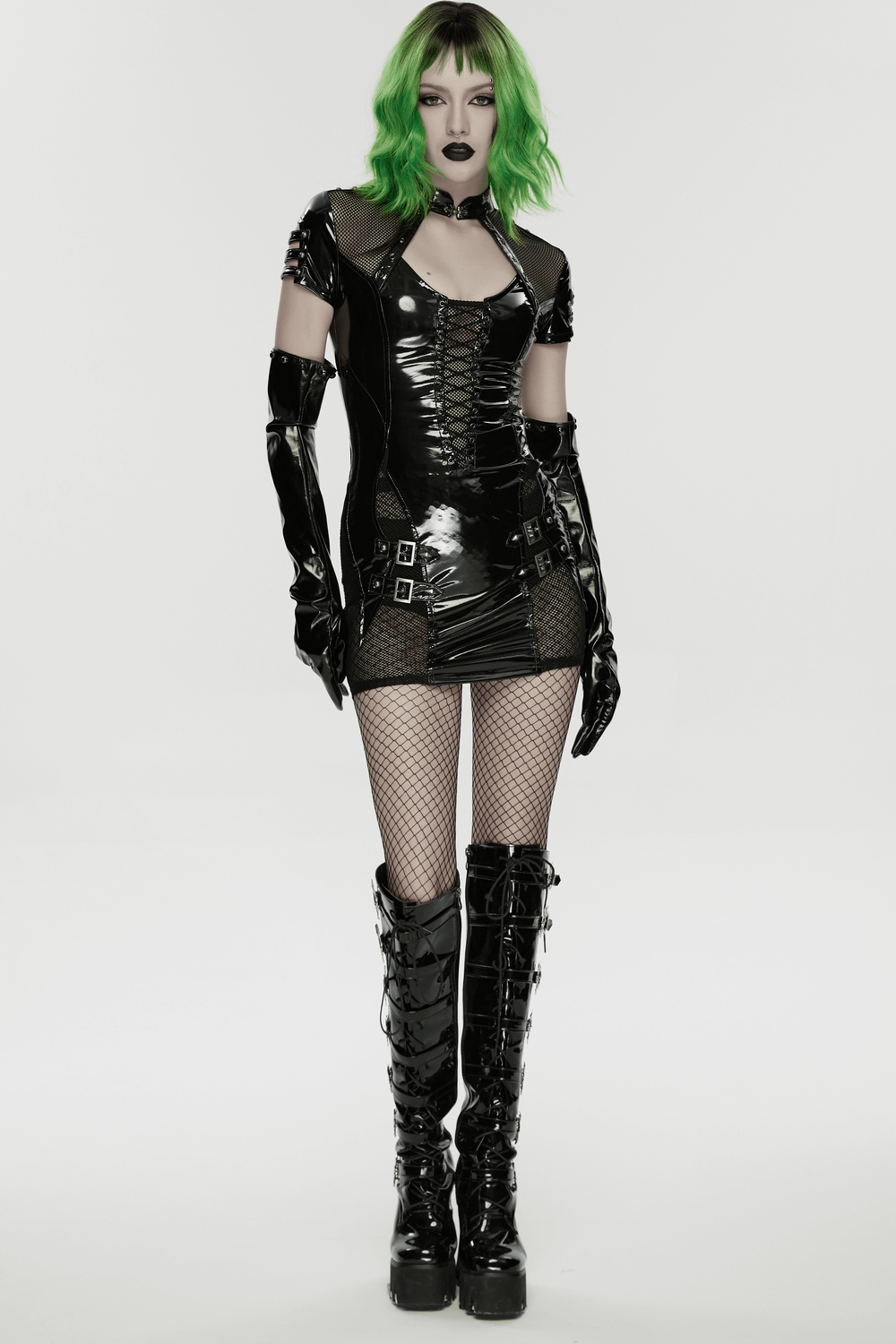Punk Patent Leather Long Gloves with Metal Studs worn with gothic outfit and striking green hair.