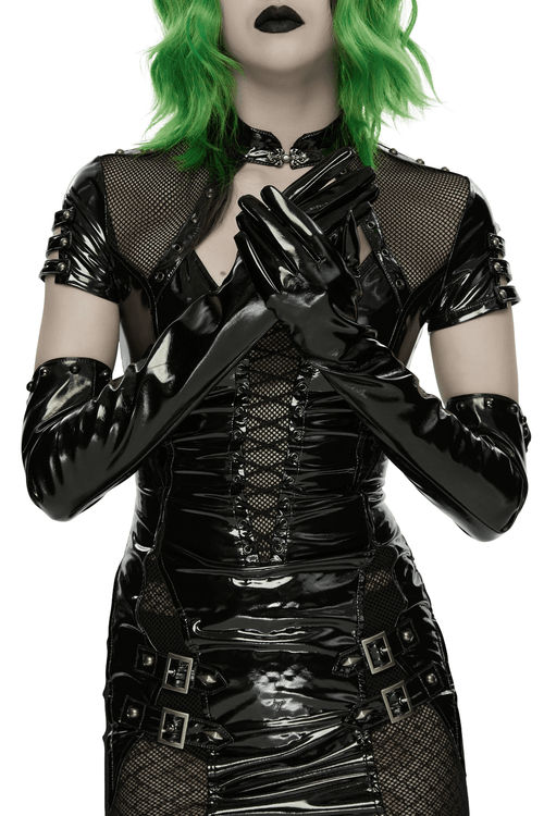 Punk Patent Leather Long Gloves with Metal Studs