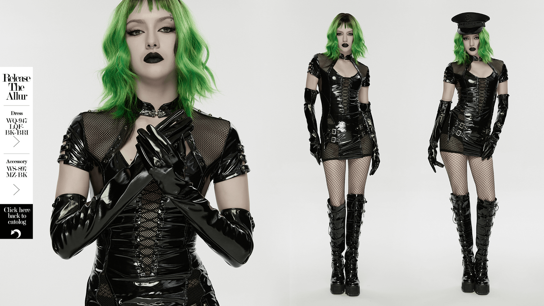 Punk Patent Leather Long Gloves with Metal Studs modeled in a gothic style, featuring glossy black finish and edgy design.