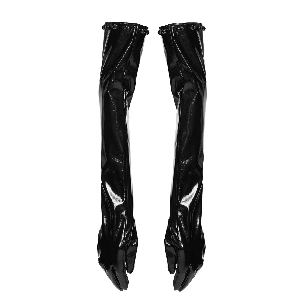 Punk Patent Leather Long Gloves with Metal Studs, glossy black patent finish, edgy design for gothic and club styles.