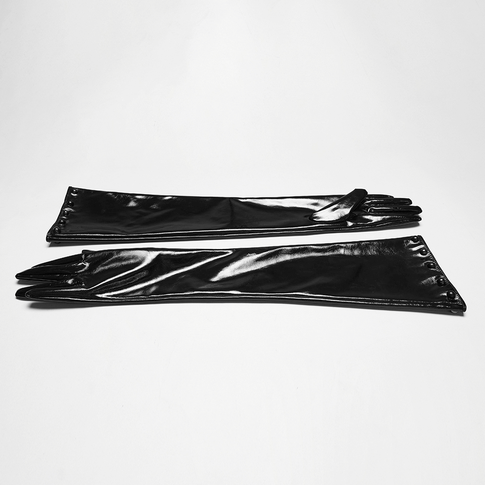 Punk Patent Leather Long Gloves with Metal Studs displayed on a white background, showcasing their glossy finish and edgy design.
