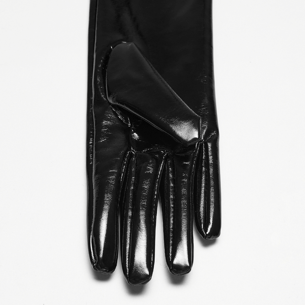 Punk Patent Leather Long Gloves with Metal Studs, showcasing glossy black patent leather and edgy style.