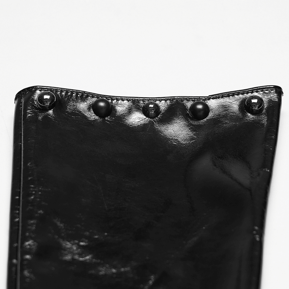 Close-up of Punk Patent Leather Long Gloves with Metal Studs showcasing glossy finish and bold metal accents.