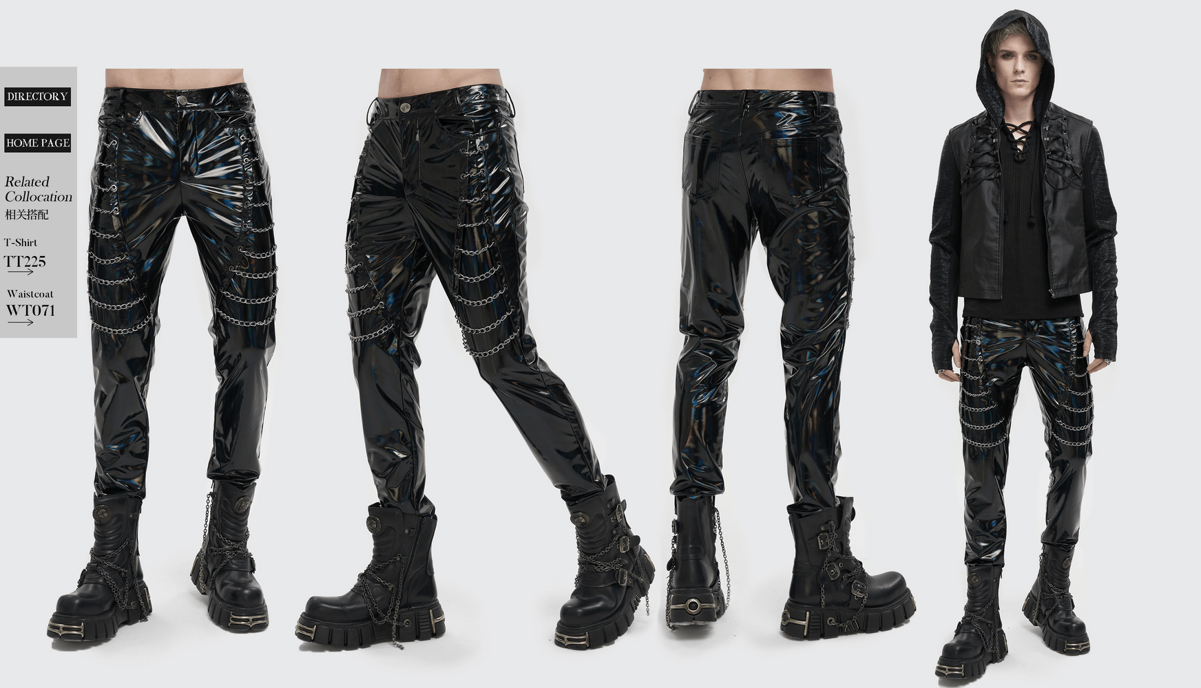 Men's black patent leather pants with chains, showcasing punk style and fitted design, perfect for a gothic wardrobe.