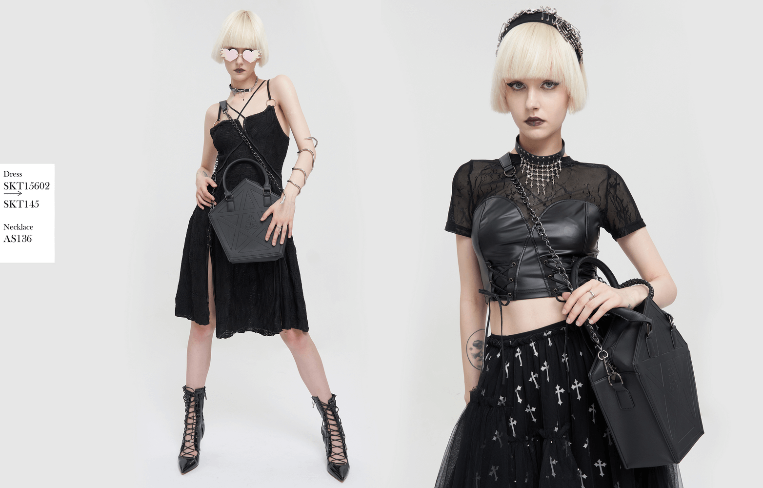 Punk pentagon crossbody bag in gothic style, paired with edgy clothing and accessories, perfect for women.