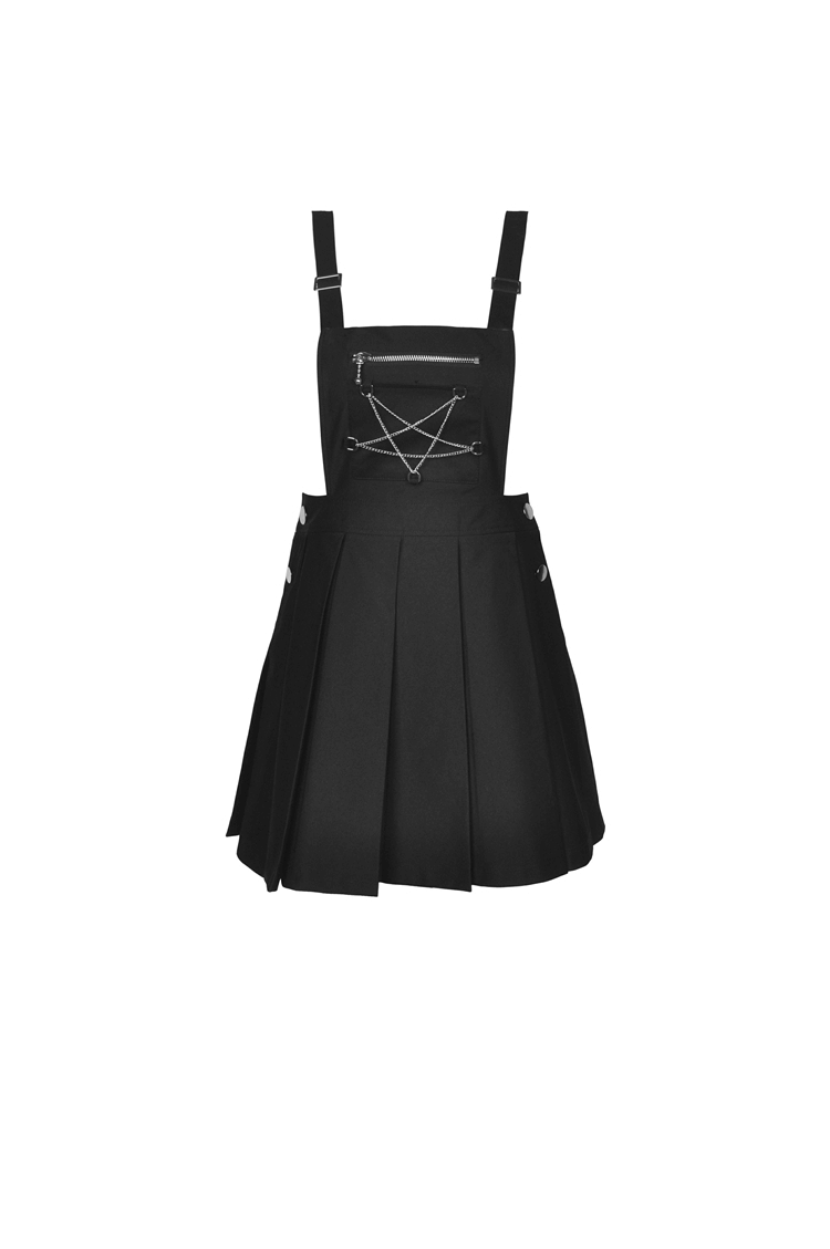 Gothic Punk Pentagram Suspender Dress with stylish stitching and edgy pleated skirt.