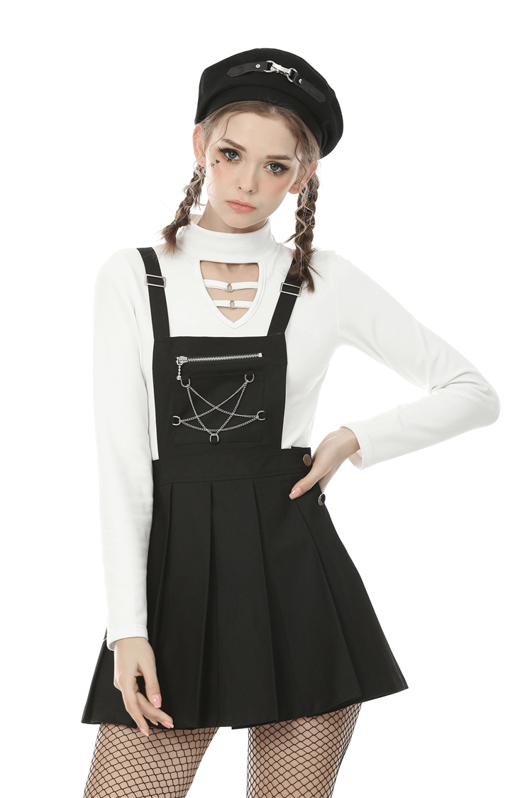 Punk Pentagram Suspender Dress with stylish stitching and edgy chain details, perfect for goth fashion lovers.