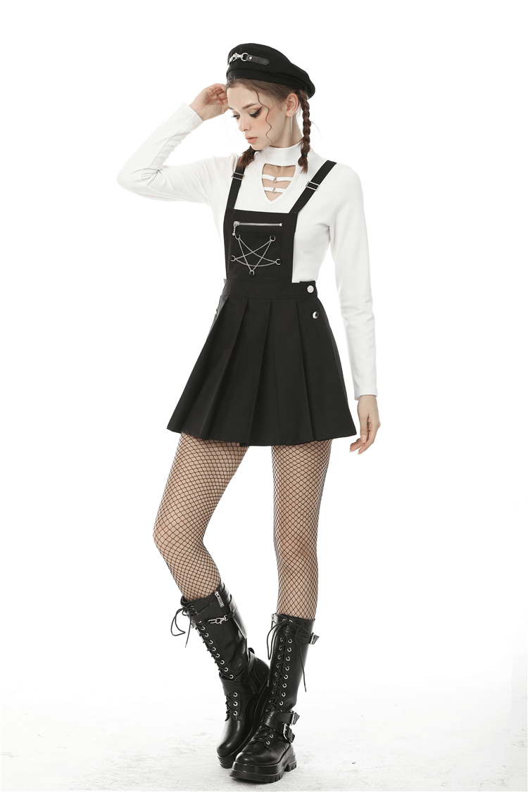 Punk Pentagram Suspender Dress with stylish stitching, layered over a chic top, paired with fishnet tights and edgy boots.