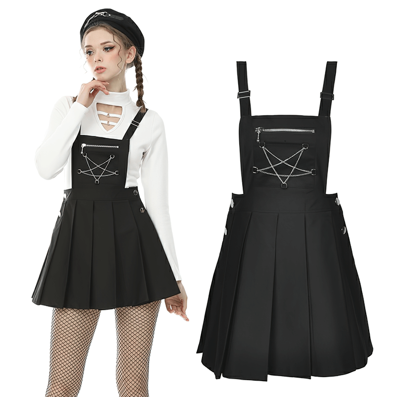 Punk pentagram suspender dress with edgy stitching and pleated skirt, perfect for a gothic chic look.