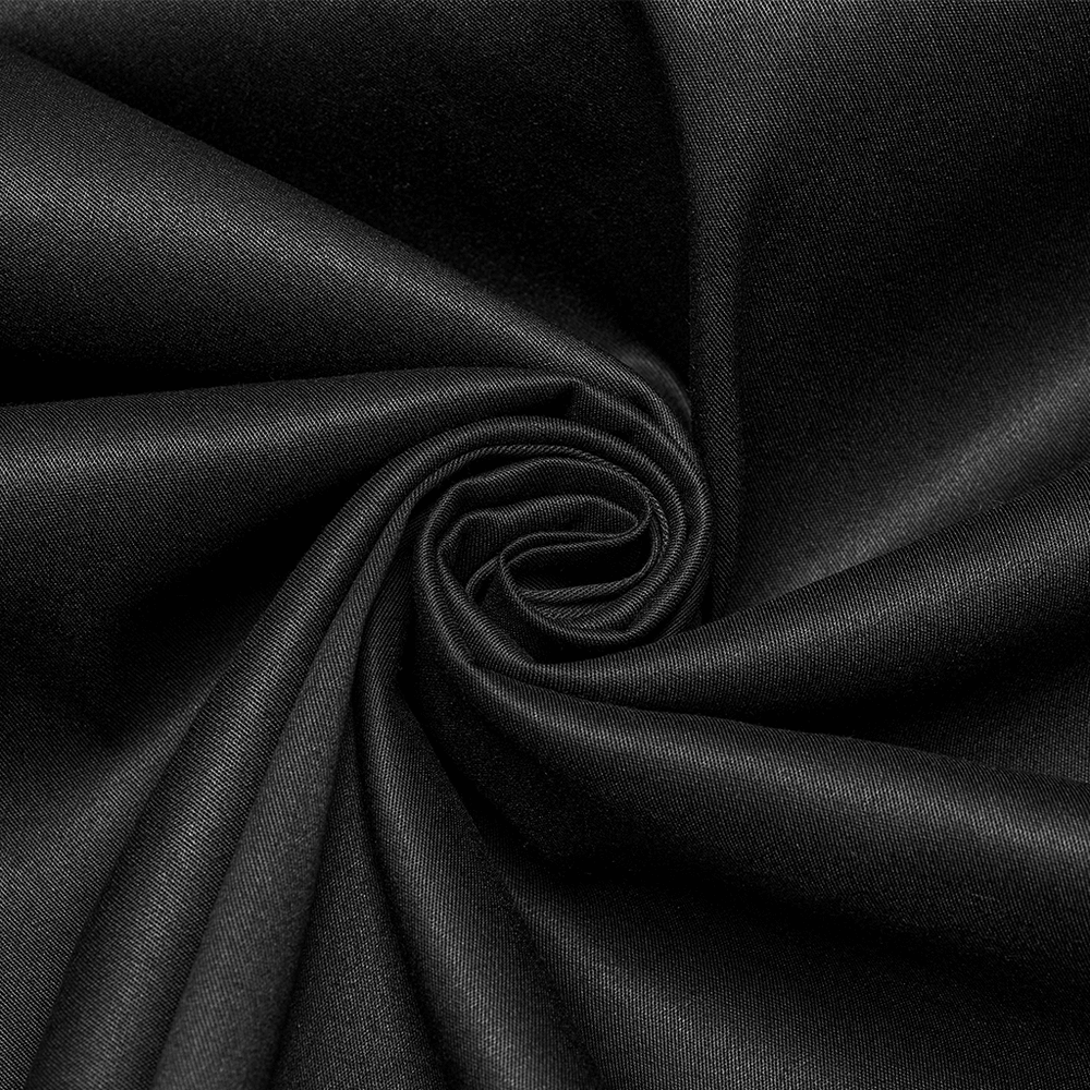 Close-up of black twill fabric, showcasing smooth texture ideal for punk and gothic clothing designs.