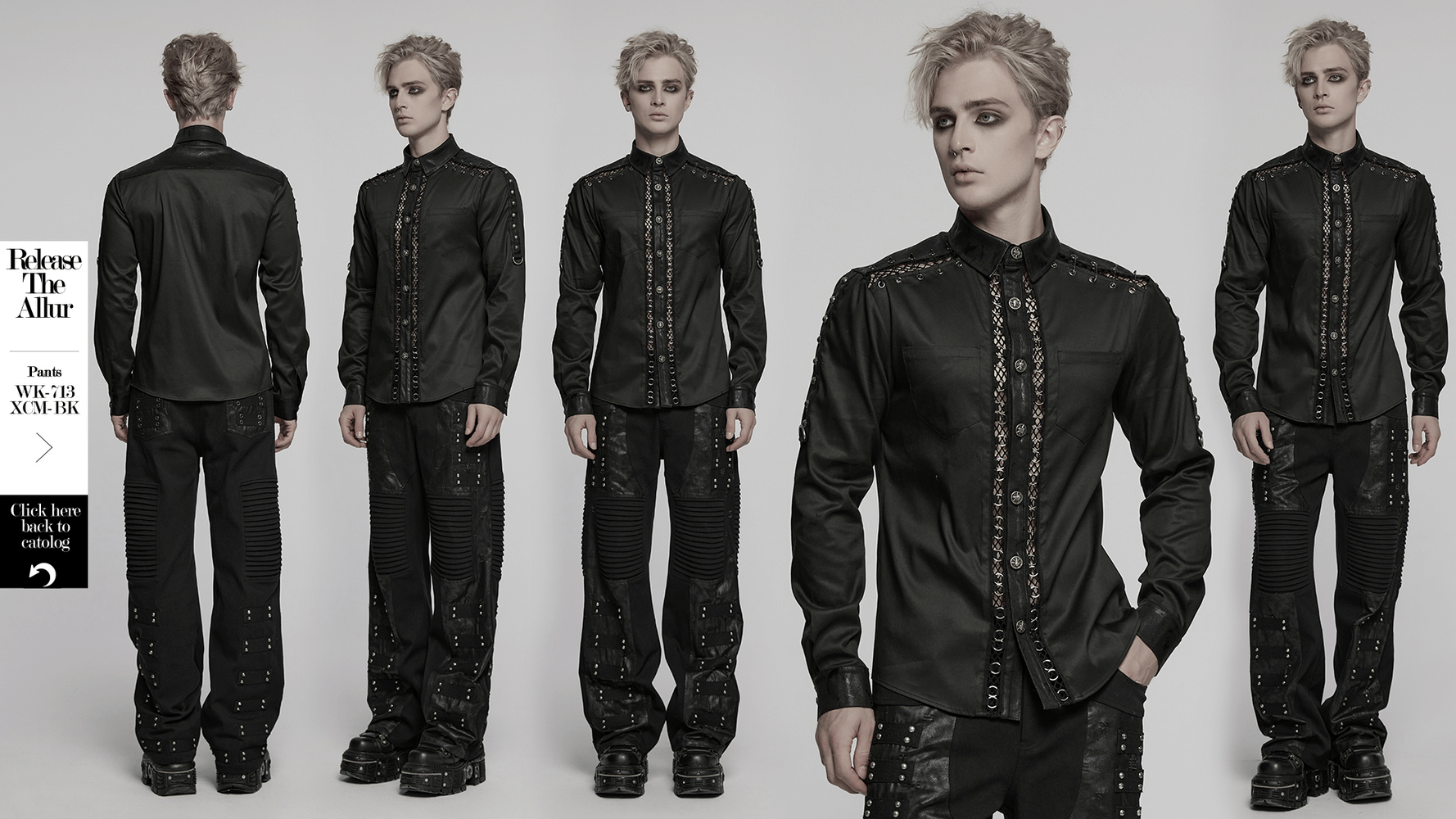 Punk personalized men's shirt with eyelet details, featuring gothic style and unique iron rings webbing.