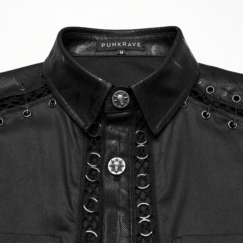 Close-up of a punk personalized men's shirt showcasing eyelet details and unique button design.