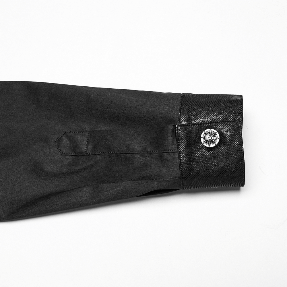 Close-up of the sleeve with eyelet detail and decorative button on a punk personalized men's shirt.