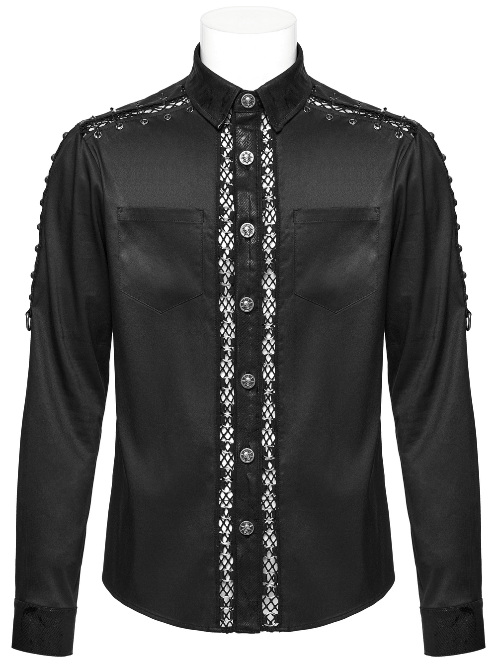 Black punk personalized men's shirt featuring eyelet details and iron rings for edgy streetwear style.
