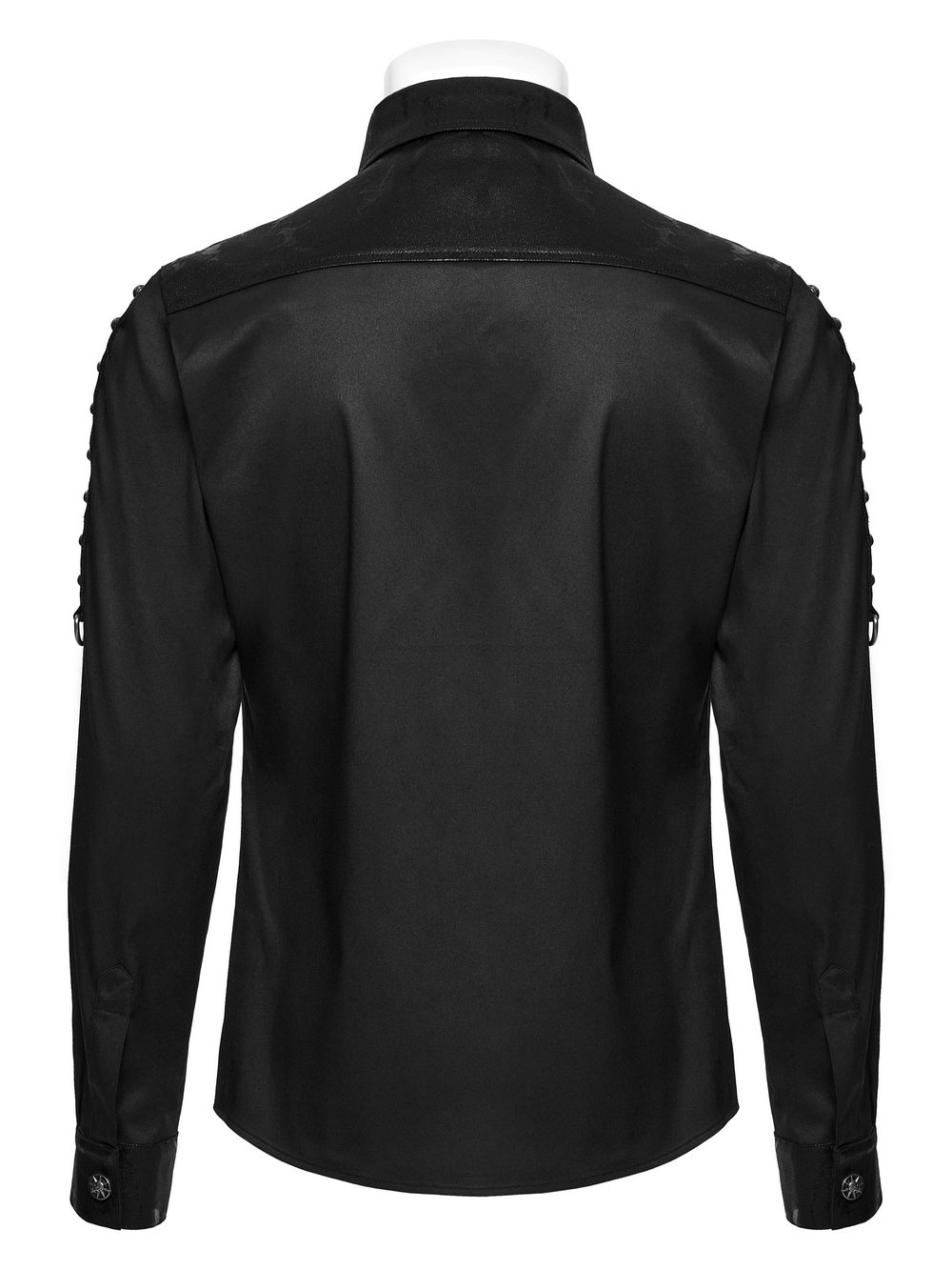 Back view of a black punk personalized men's shirt showcasing eyelet details and unique shoulder design.