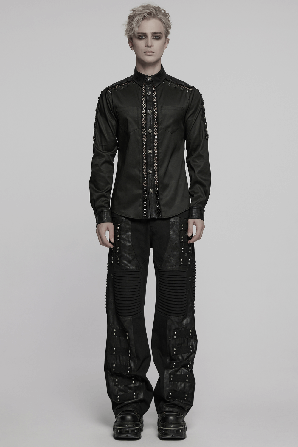 Punk personalized men's shirt with eyelet details, styled for alternative fashion and gothic events.