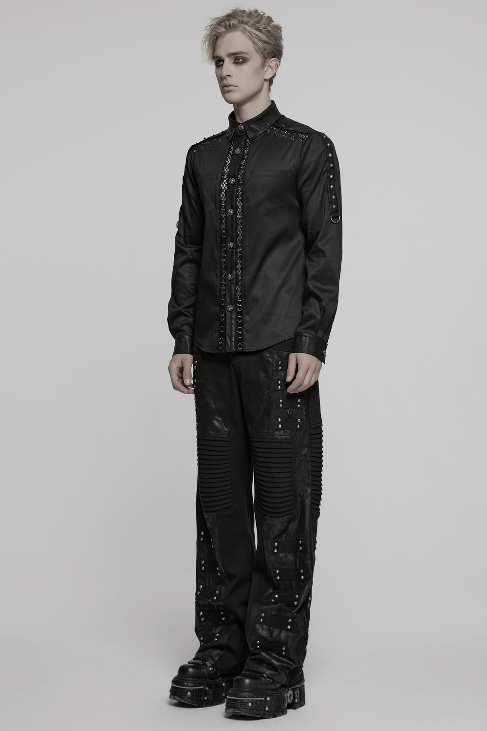 Punk personalized men's shirt with eyelet details and stylish black trousers, perfect for alternative fashion.