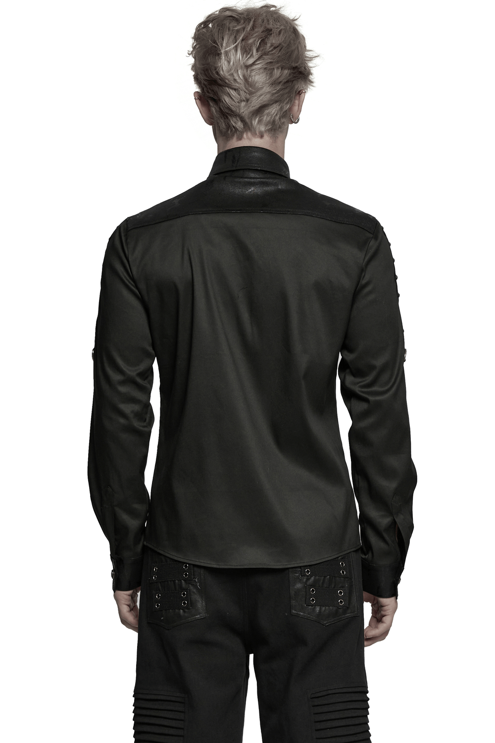 Back view of punk personalized men's shirt featuring eyelet details and unique leather accents, perfect for alternative fashion.