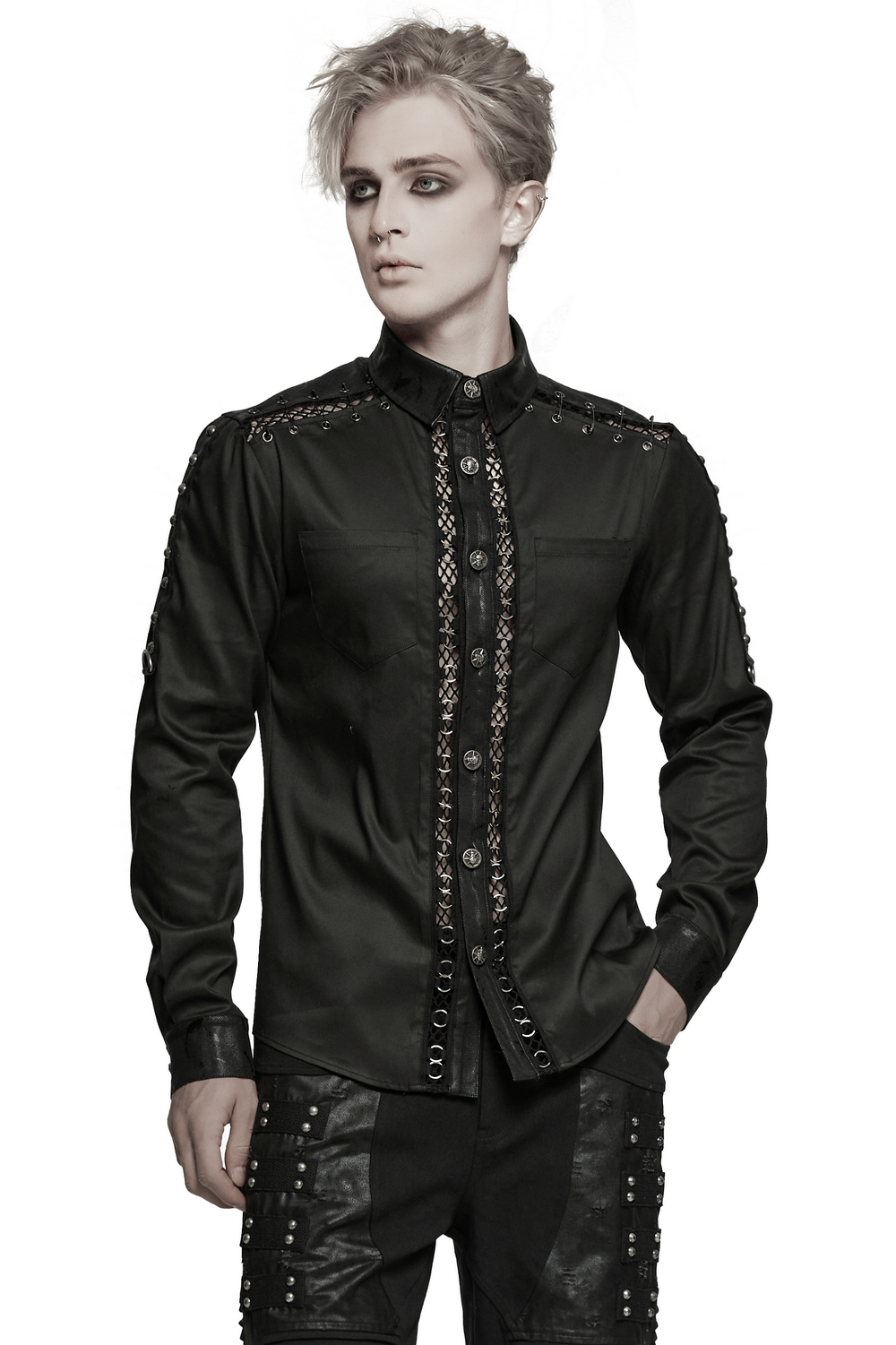 Punk personalized men's shirt featuring eyelet details and iron rings, perfect for gothic fashion and edgy streetwear.