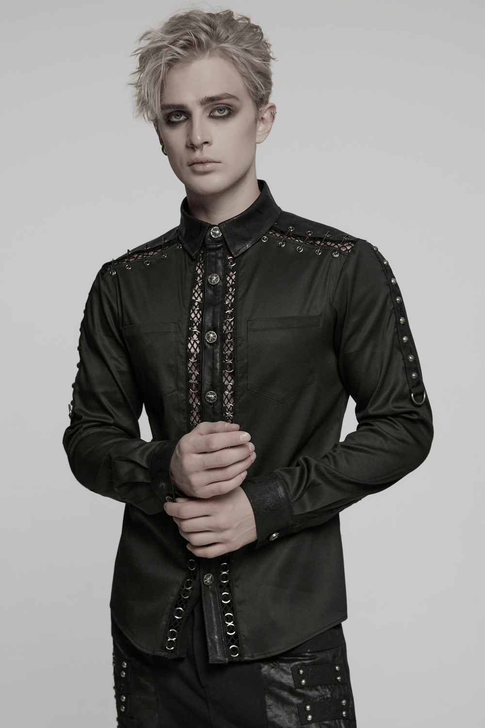 Punk personalized men's shirt with eyelet details, showcasing gothic style and edgy design features.