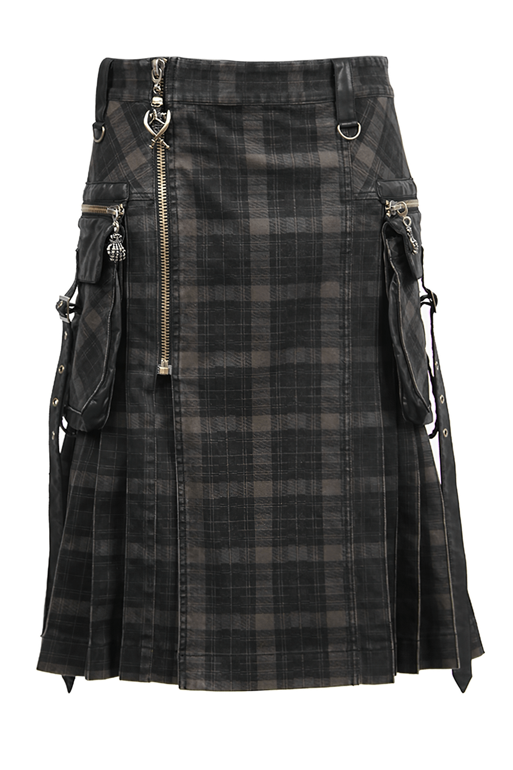 Men's punk black plaid kilt with cargo pockets and zipper, stylish alternative fashion.