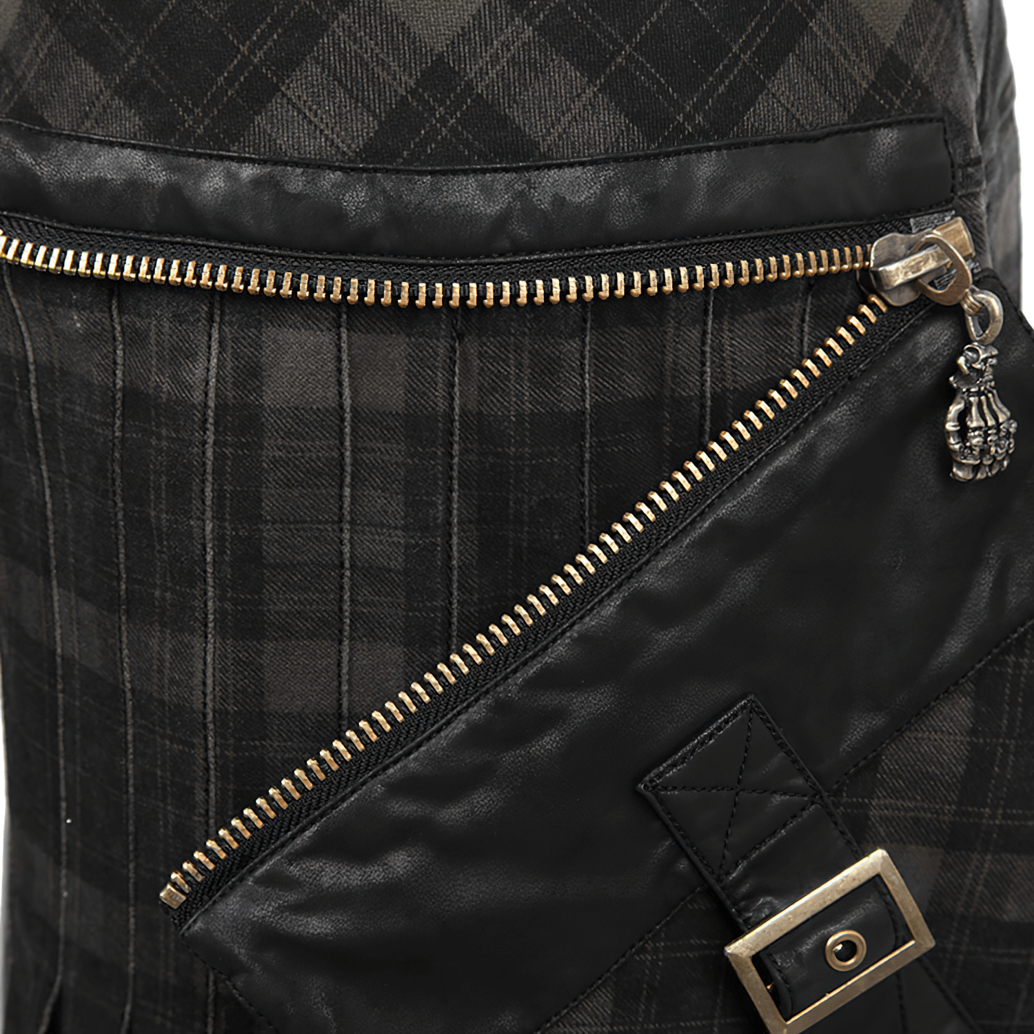 Close-up of punk plaid kilt zipper and cargo pocket, showcasing stylish black fabric and functional design.