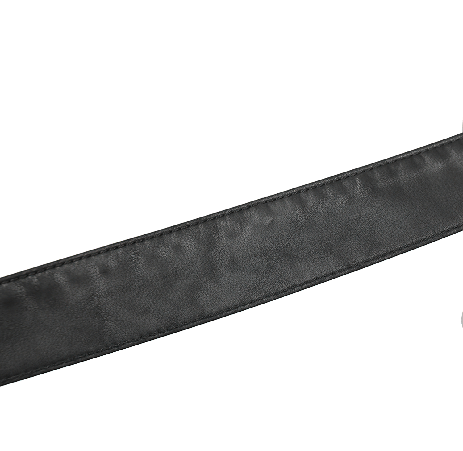 Close-up of a sleek black leather belt with a smooth finish, perfect accessory for any outfit.