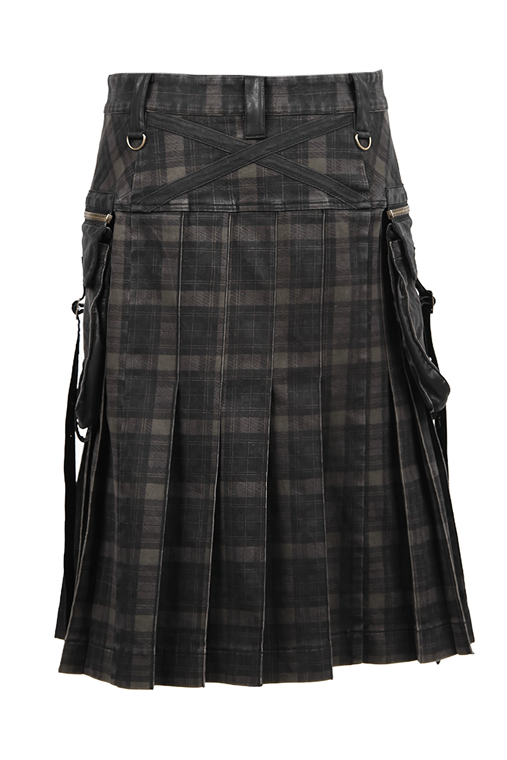 Punk plaid kilt with cargo pockets and zipper closure, perfect for a unique, alternative style.