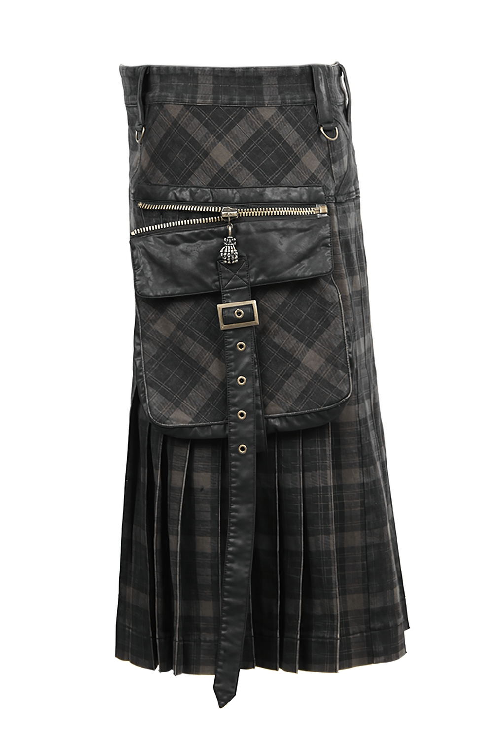 Men's punk black plaid kilt with cargo pockets and zipper closure, featuring a stylish pleated design.