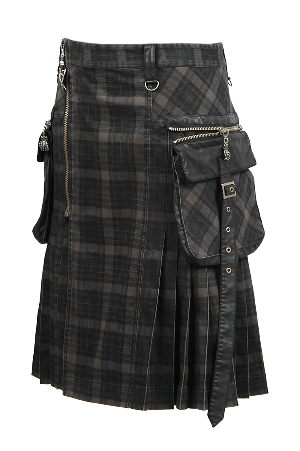 Men's punk black plaid kilt with cargo pockets and zipper closure for a stylish, utilitarian look.