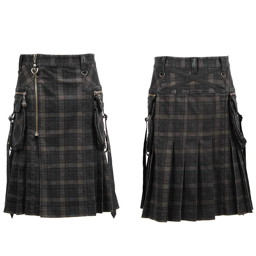 Men's punk plaid kilt featuring cargo pockets and zipper closure, perfect for a stylish and functional look.