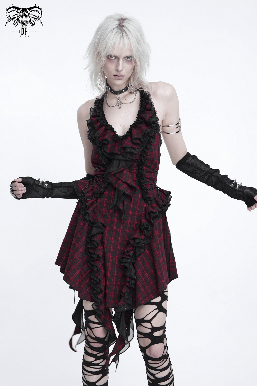 Punk Plaid Lace-Up Ruffle Asymmetrical Mini Dress